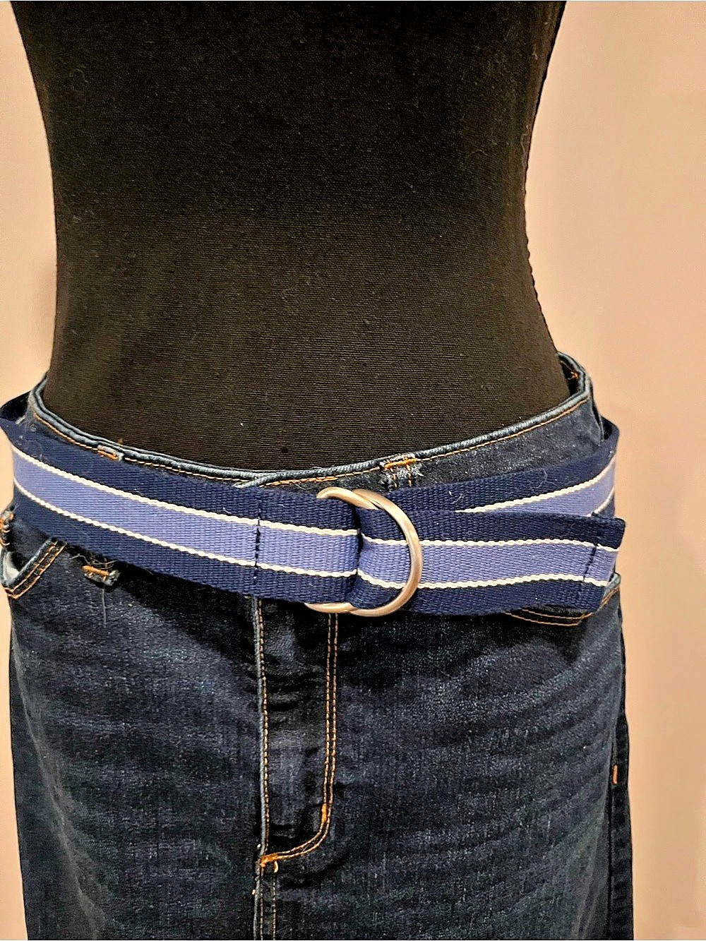 L.L.Bean Striped D-Ring Web Belt Blue & White Medium
